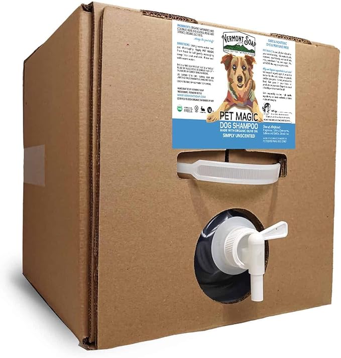 VERMONT SOAP Organics Pet Shampoo - Infused with Organic & Natural Olive Oil, Coconut & Aloe Vera Dog Shampoo for Sensitive Skin - USDA Certified Grooming, Unscented - 5 Gallon