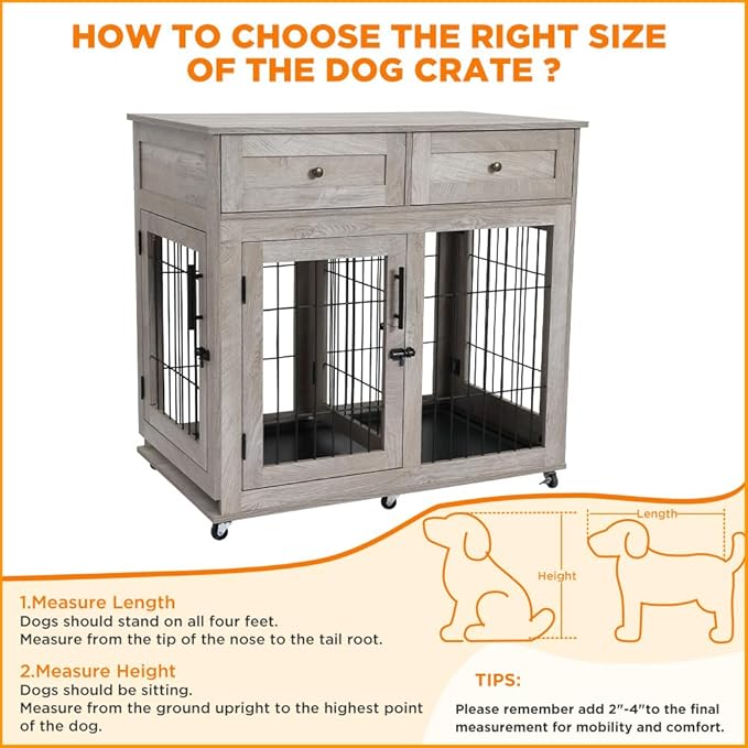 Dog Crate Furniture, Wooden Dog Kennel with Room Divider and Tray, Double Rooms Dog Cage, Wooden Dog Crate Table with 2 Drawers End Table