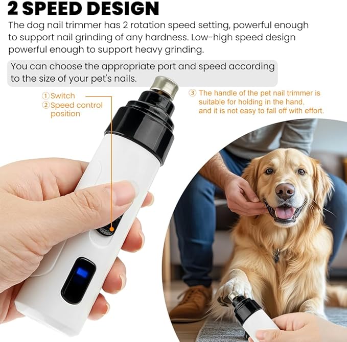 Dog Nail Grinder Upgraded, 2-Speed Rechargeable Pet Nail Trimmer, Electric Dog Nail Clippers Painless Pet Paws Grooming Smoothing for Small Medium Large Dogs and Cats