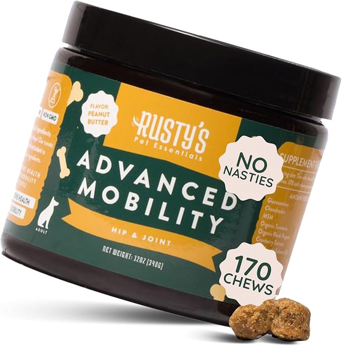 Rusty's Pet Essentials Premium Hip & Joint Dog Supplement (170 Chews) - Advanced Mobility - Formulated with Chondroitin - Calcium - Glucosamine - Turmeric & MSM for Joint Health - Made in The USA