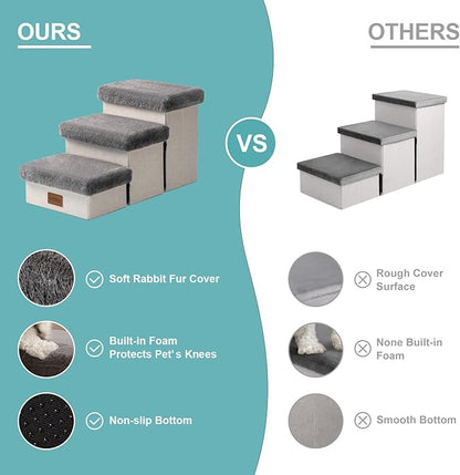 Dog Stair for Small Dogs with Storage, 13.6" H Foldable Pet Step with Soft Leakproof Cover, Older Cat Ramp for Chair Couch Sofa, Lightweight, Comfort, 24.8x13x13.6 inch, 3 Tiers, Grey