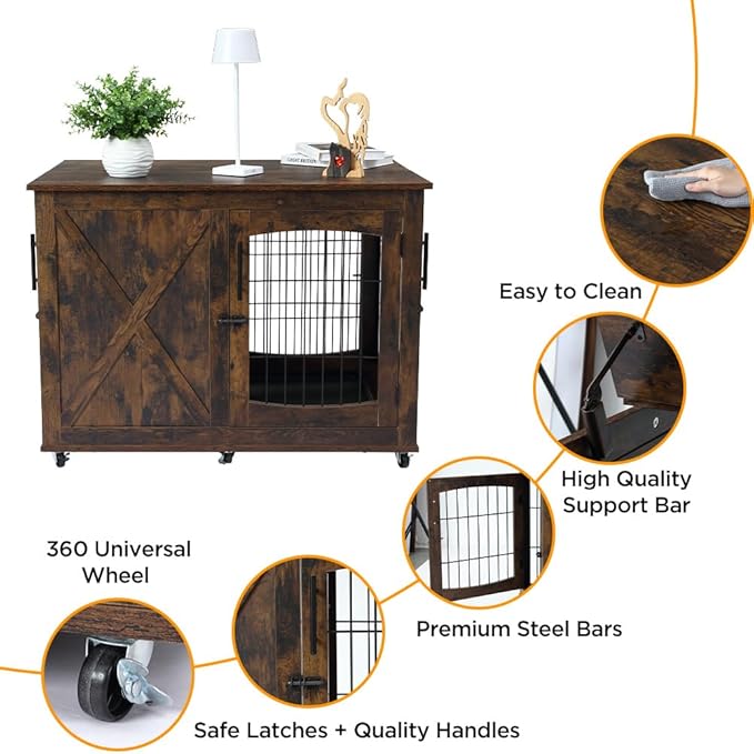 Wooden Dog Crate Furniture with Divider, Rustic Brown, 3 Doors Kennel with Tray, Easy Assembly, Anti-Slip, 130 lbs Weight Capacity
