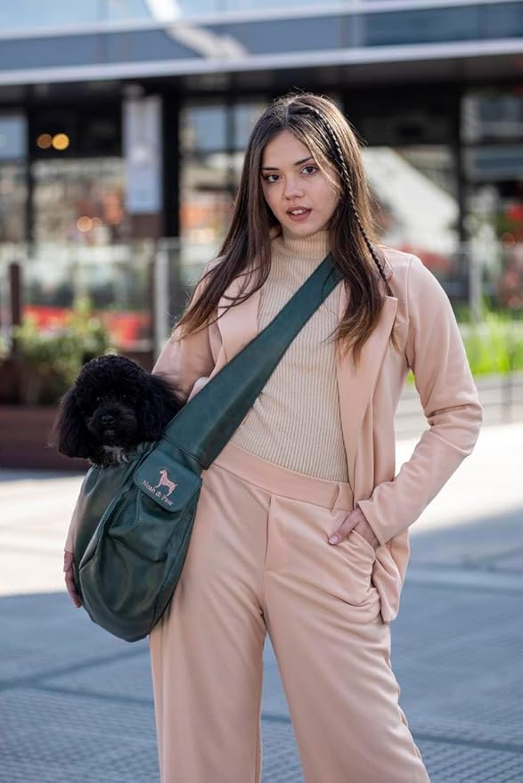 Noah & Paw Dog Sling Carrier for Small Dogs 5-18lb, Dog Sling for Small Dogs and Cats, Dog Carrier with Adjustable Padded Strap, Vegan Leather Lined with Fur, Double Safety Feature, Machine Washable