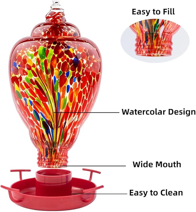 Colorful Glass Wild Bird Waterer 32 Oz Bird Water Feeder for Outdoors Garden Outside Water Cooler Tree Yard Decoration (Red-fire)