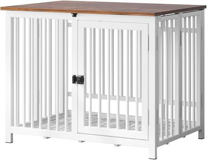 Heavy Duty Dog Crate Furniture, Fully Assembled exc. Locks, All Metal Frame & Wooden Tabletop, Modern Kennel for Small Dog, End Table, Sturdy, Foldable, White/Rustic Brown