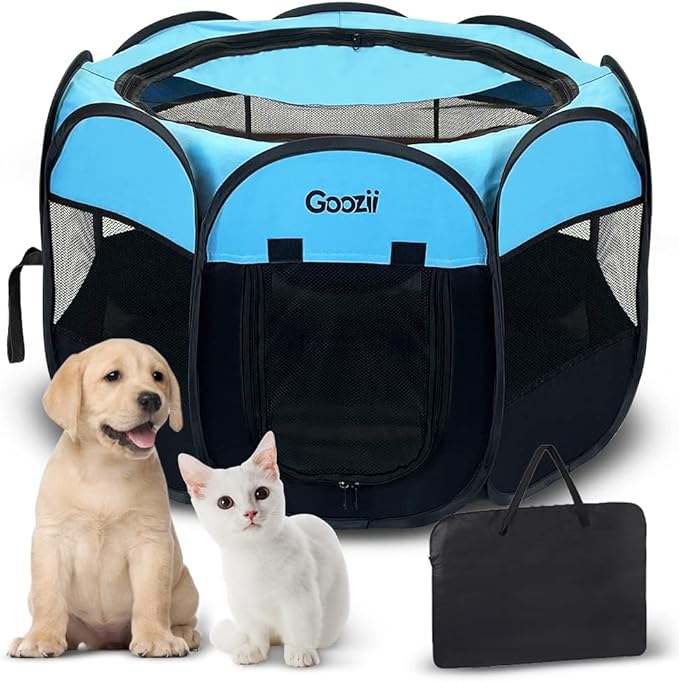 Dog Playpen for Large Dogs Portable Collapsible, Indoor Outdoor Cat Pet Puppy Exercise Play Pen Tent Crate Cage with Zipper Door Top Cover Floor for Camping (Large Size, Blue)