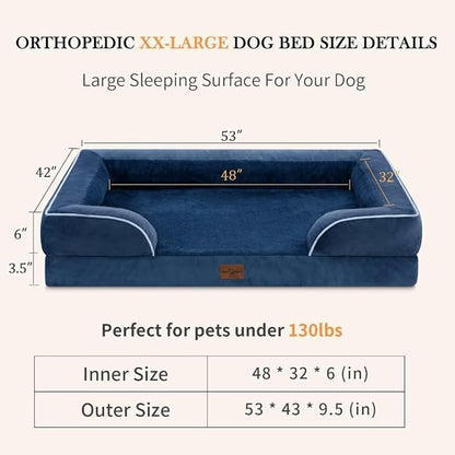XXL Orthopedic Dog Bed, Waterproof Orthopedic Foam Extra Large Dog Beds, Washable Dog Sofa Bed with Removable Cover & Non-Slip Bottom(XX-Large,Navy Blue)