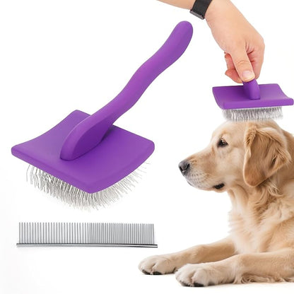Dog Slicker Brush with Rake Comb, 2 in 1 Pet Grooming Brushes with Ergonomic Handle, Gentle Cleaning Massaging Brush for Cats Dogs