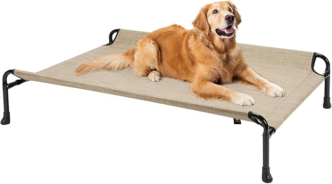 Veehoo Cooling Elevated Dog Bed, Raised Dog Beds for Large Dogs, Outdoor Dog Bed with Guardrail, Upgraded Non-Slip Feet, Breathable Teslin Mesh, Portable Camping Dog Cot, X-Large, Beige Coffee CWC2404
