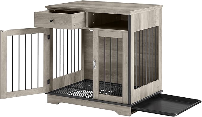 32Inch Dog Crate Wooden Lockable Dog Kennel with Removable Tray and Storage Drawer Indoor Dog Crate Furniture End Table Pet Cage 32.3'' W x 22.8'' D x 33.5'' H Grey