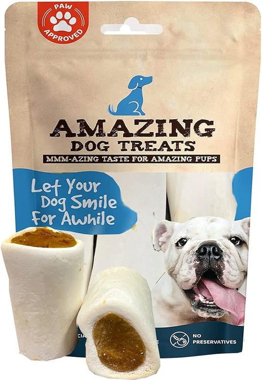 Amazing Dog Treats - Stuffed Shin Bone for Dogs (Peanut Butter, 3-4 Inch - 5 Count) - All Natural Dog Bones