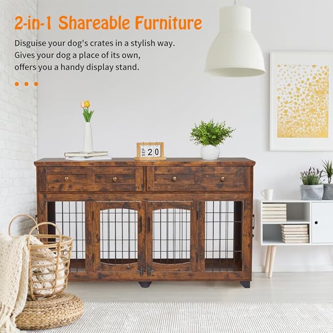 Dog Crate Furniture with 5 Doors, 58" Wooden Dog Kennel End Table with Large Capacity Drawers, Dog House with Openable Divider for Small/Medium/Large Dog,Dog Cage,Side End Table (Rustic Brown)