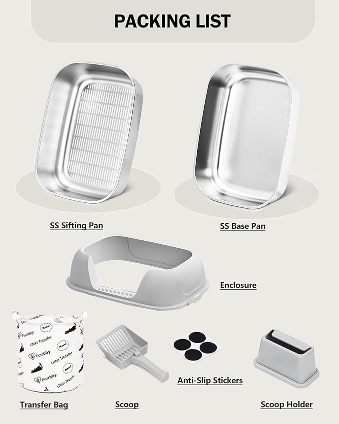 Stainless Steel Sifting Litter Box with Lid, Metal Litter Pan with Scoop for Big Cats Multi Cat, Extra Large Cats Litterbox Odor Control Easy Clean (22.8*16.5*11.8inch-With Enclosure & Step, X-Large)