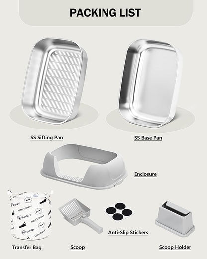 Stainless Steel Sifting Litter Box with Lid, Metal Litter Pan with Scoop for Big Cats Multi Cat, Extra Large Cats Litterbox Odor Control Easy Clean (22.8*16.5*11.8inch-With Enclosure & Step, X-Large)