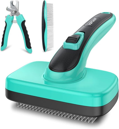 Dogs Self-Cleaning Slicker Brush for Shedding Long & Short Haired Cats, Safe Painless Bristles Removes Loose Undercoat, Tangled For All Size Pet, Grooming Set. Free Pet Comb + Nail Clippers