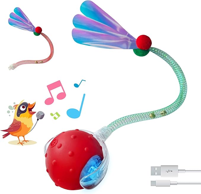 Speedy Tail Ball Toy 3.0 with 3 Play Modes, Bonus Tail, Powerful Motor Moving Ball, Interactive Auto Toy for Indoor Bored Kitten & Adult Cats, USB Rechargeable (Red, Birdsong)