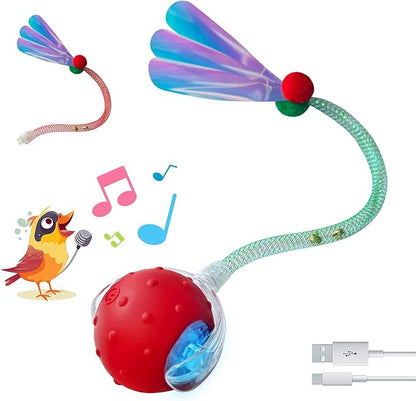 Speedy Tail Ball Toy 3.0 with 3 Play Modes, Bonus Tail, Powerful Motor Moving Ball, Interactive Auto Toy for Indoor Bored Kitten & Adult Cats, USB Rechargeable (Red, Birdsong)