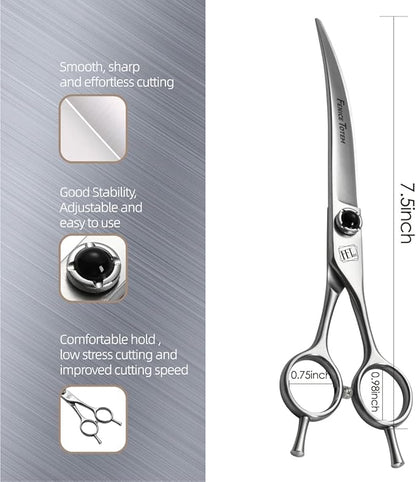 Dog Grooming Scissors: 7.5 inch Pet Curved Shears Made Of Japanese 9CR Advanced Stainless Steel Professional Grooming Scissors for Dogs Cats and Other Pets