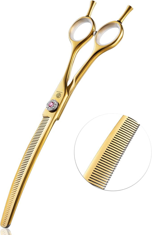 7" Downward Curved Dog Grooming Thinning Scissors for Grooming Face and Paws Safety Shears Trimming Cutting Shears for Dog Cat Pet Grooming Gold