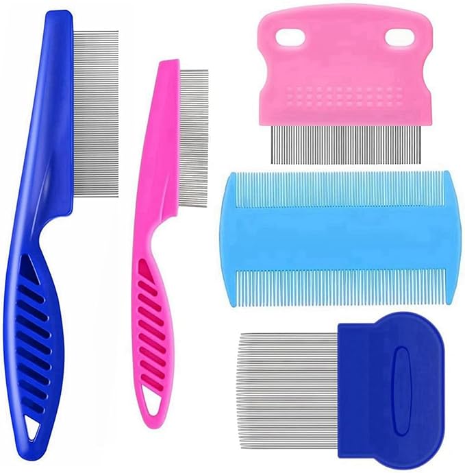5 Pack Flea Lice Comb,Stainless Steel Dog Cat Grooming Combs with Rounded Teeth,Double Sided Professional Pet Tear Stain Remover,Dematting Tool for Small, Ideal for all pet
