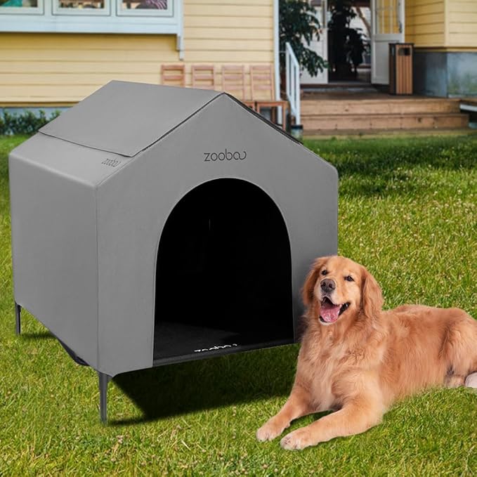 42 Outdoor Dog House for Large Breeds, Durable Large Dog Shelter with Weatherproof 600D PVC Canopy, Breathable 2x1 Textilene Fabric Elevated Dog Bed, XL Dog Kennel for Outside Use