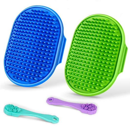 4PCS Dog Bath Brush | Scrubber for Bath | Shampoo Brush | Toothbrush | Finger Toothbrush | Dog Shower/Washing Brush with Adjustable Ring Handle - Pet Bath Supplies (Blue Green)