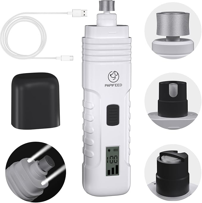 Dog Nail Grinder Professional Pets, 3-Speed Electric Quiet Dog Nail Grinder, Rechargeable Dog Nail Trimmers - with 2 LED Lights/2 Grinder Wheels, for Small, Medium, (White)