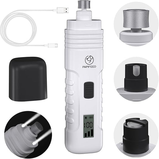 Dog Nail Grinder Professional Pets, 3-Speed Electric Quiet Dog Nail Grinder, Rechargeable Dog Nail Trimmers - with 2 LED Lights/2 Grinder Wheels, for Small, Medium, (White)