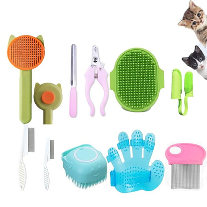 10PCS Cat&Dog Grooming Brush Kit,Self-Cleaning Grooming Brush Removes Loose Hairï¼_et bath brush,Bath Massage Glove Brush, Nail Clipper, Flea Comb