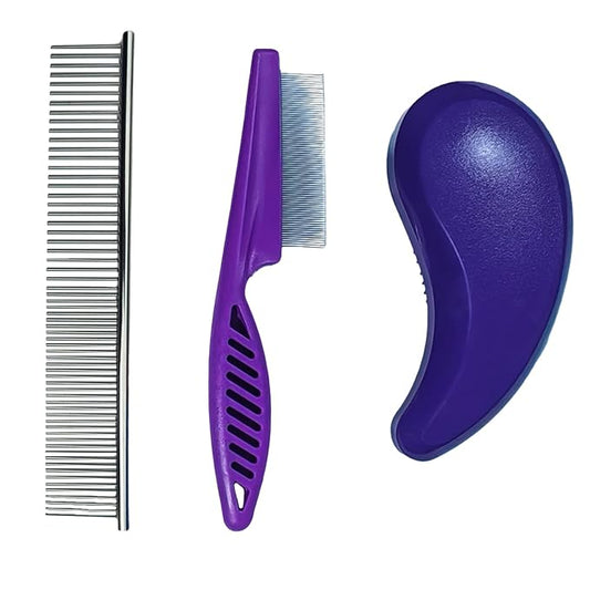 3 PCS Puppy Brush Grooming Kit, Stainless Steel Flea Comb, Fit for Yorkie, Shih Tzu, Maltipoo, Soft Bristle (Dark Purple)