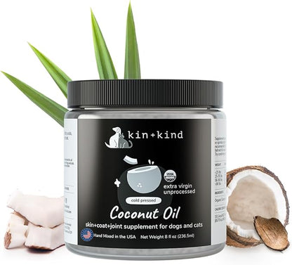 Organic Coconut Oil Pet Supplement for Dogs & Cats - Natural Skin and Coat Support with Cold Pressed Extra Virgin Coconut Oil - Itchy Skin & Dry Cracked Noses - Made in USA - 8 fl oz (Medium)