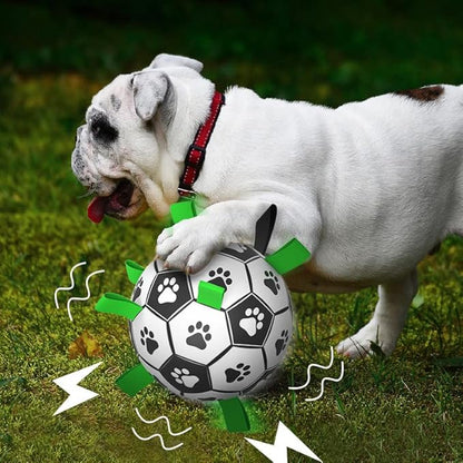 QDAN Dog Soccer Balls Toy with Bell Inside, Outdoor Interactive Dog Toys for Tug of War, Puppy Birthday Gifts, Dog Water Toy, Durable Ropes Squeaky Soccer Dog Ball for Medium and Large Dogs （8 INCH）