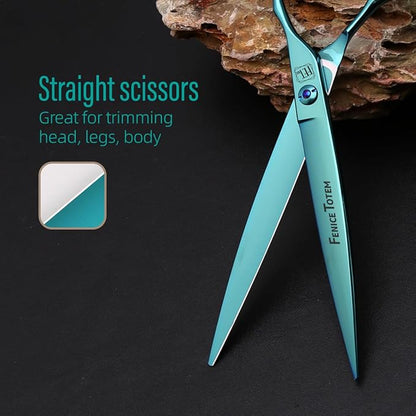 Dog Grooming Scissors: Blueish Green 7 inch Pet Straight Shears Made Of Japanese 440C Advanced Stainless Steel Professional Grooming Scissors for Dogs Cats and Other Pets