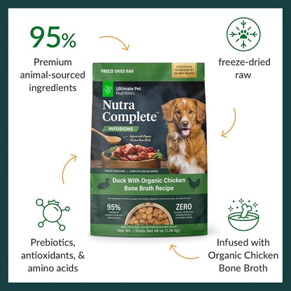 ULTIMATE PET NUTRITION Nutra Complete Bone Broth Infusions, 100% Freeze Dried Veterinarian Formulated Raw Dog Food with Antioxidants Prebiotics and Amino Acids (3 Pound, Bone Broth Duck)