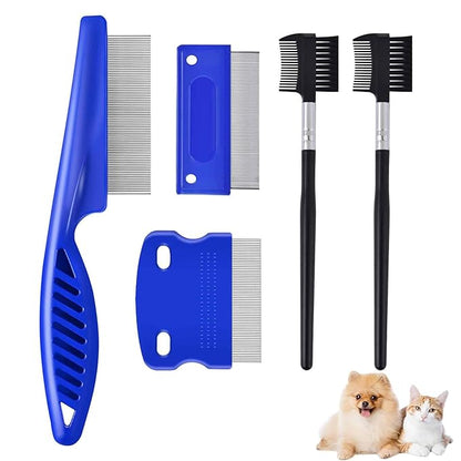 5 Pack Dog Grooming Comb, Pet Flea Lice Cat Combs with Stainless Steel Rounded Teeth, 2-in-1 Double Sided Professional Dogs Tear Stain Remover, Dematting Tool for Small, Medium & Large Pets
