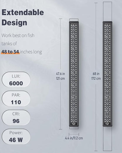 Pawfly 42W 24/7 Aquarium LED Light for 48" to 54" Tanks Extendable Fish Tank Light with Full Spectrum White Blue Red Green Lights with D/N Mode Single Color Effects Timer and Adjustable Brightness