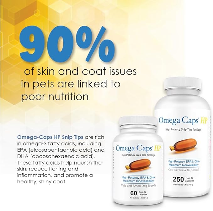 Omega Caps HP Snip Tips for Cats and Small Dogs High Potency EPA and DHA Maximum Bioavailability Fish Oil Supplement Vet Formulated Made in USA Skin Coat Joint and Heart Health 60 Capsules