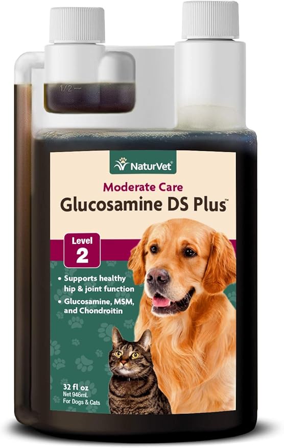 NaturVet Glucosamine DS Plus Hip & Joint Support Liquid Pet Supplement  Level 2 Moderate Care for Dogs & Cats  Includes Glucosamine, MSM, Chondroitin  32 Oz