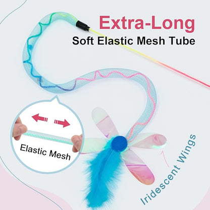 SONGWAY Cat Rainbow Wand Toy - Rainbow Cat Feather Toys with Bells, Colorful Mesh Teaser Wand with Feather Tail, Interactive Toys for Indoor Cats Kittens, Mixed Colors