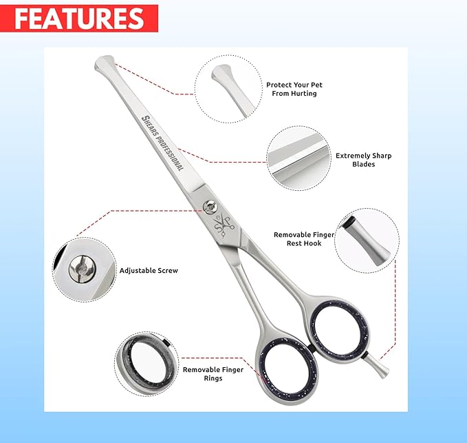 Dog Grooming Scissor Set, 5 in 1 5pcs Leather Shears Case a comb with Ball Tip Scissor for Safety & 5.5 In Grooming Scissor along with 6 pcs Black Silicone Scissor Ring Insert