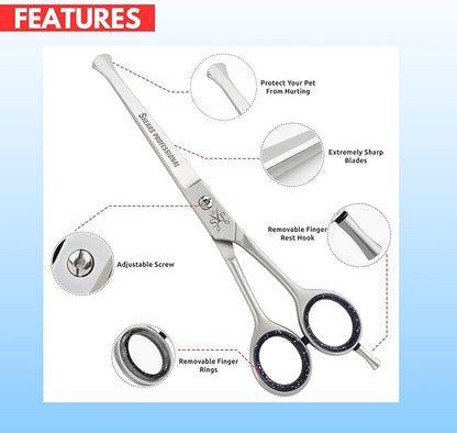 Dog Grooming Scissor Set, 5 in 1 5pcs Leather Shears Case a comb with Ball Tip Scissor for Safety & 5.5 In Grooming Scissor along with 6 pcs Black Silicone Scissor Ring Insert