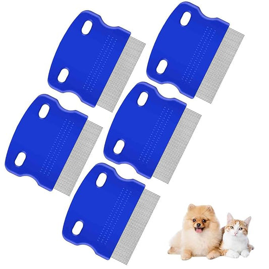 5 Pack Flea Lice Comb, Stainless Steel Dog Cat Grooming Combs with Rounded Teeth, Professional Pet Tear Stain Remover, Dematting Tool for Small, Medium & Large Pets