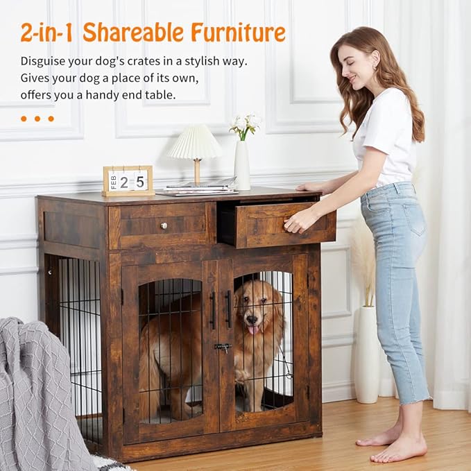 Dog Crate Furniture with Drawers and Cushion, 39.4" 3-Doors Dog Furniture, Wooden Dog House Kennel for Large/Medium/Small Dog, Dog Crate Table, Indoor End Table Dog House (Rustic Brown)