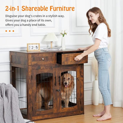 Dog Crate Furniture with Double Drawers, Wooden End Table Dog Kennel, Furniture Style Wood House Crate for Large Dogs, Decorative Dog Crate with Storage for Large Breed, 40 Inch Retro