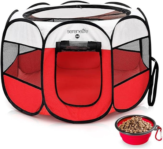 SereneLife On-The-Go Foldable Portable Pet Tent 8-Panel Playpen for Dog & Cat w/Food/Water Bowl, Mesh Exercise Puppy Playground, Pet House Indoor & Outdoor, Travel & Camping Pet Kennel (Red- Medium)