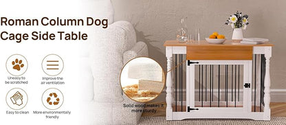 Dog Crate Furniture - Solid Wood Roman Column Kennel for Small/Medium Dogs | Multi-Functional Pet Bed with Removable Tray & Coffee Table Design | Modern Home Decor,Indoor Furniture (White)