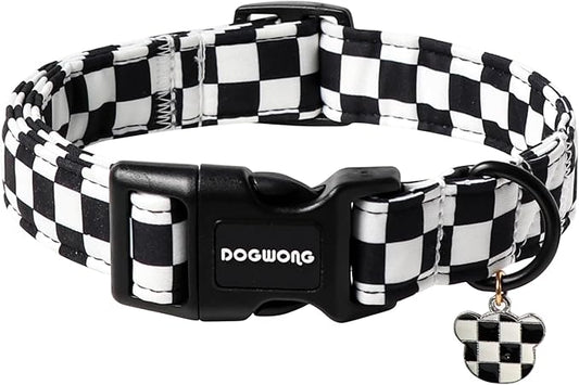 DOGWONG Checkered Dog Collar, Black Plaid Dog Collar Adjustable Soft Natural Fabric Pet Dog Collars Cute Puppy Necklace for Small Medium Large Dogs