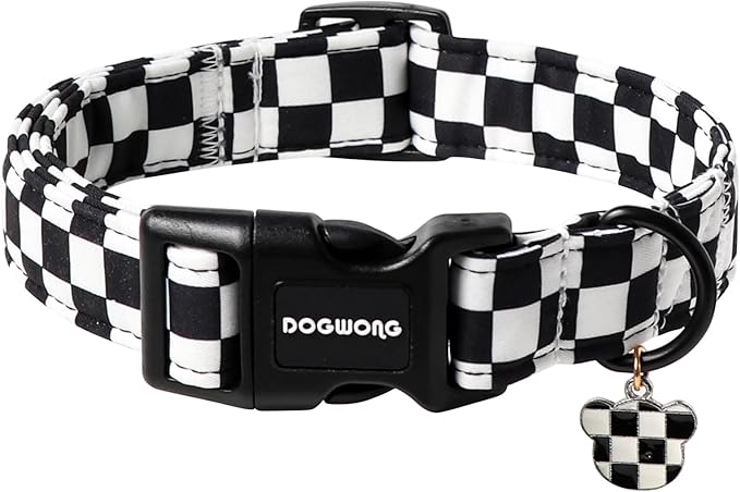 DOGWONG Checkered Dog Collar, Black Plaid Dog Collar Adjustable Soft Natural Fabric Pet Dog Collars Cute Puppy Necklace for Small Medium Large Dogs