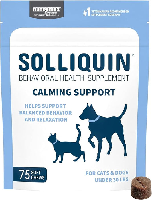 Nutramax Solliquin Calming Behavioral Health Supplement for Small to Medium Dogs and Cats - With L-Theanine, Magnolia / Phellodendron, and Whey Protein Concentrate, 75 Soft Chews