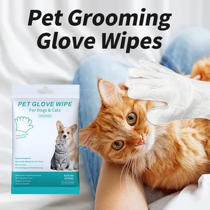 Pet Glove Wipes, Rinse Free, Cleaning & Deodorizing Bathing, Wipes for Animals Dogs, Cats, Pet Cleaning Gloves Wipes for Daily Care, Traveling, Hypoallergenic, 6Pcs, 1 Pack